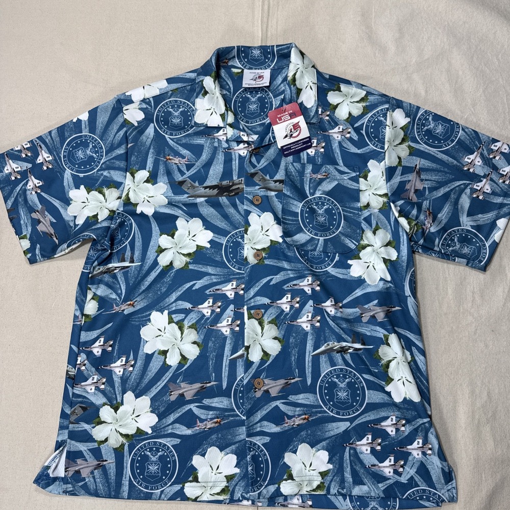 Air Force Hawaiian Shirt Sz L White Blue Military Hibiscus Flower United States